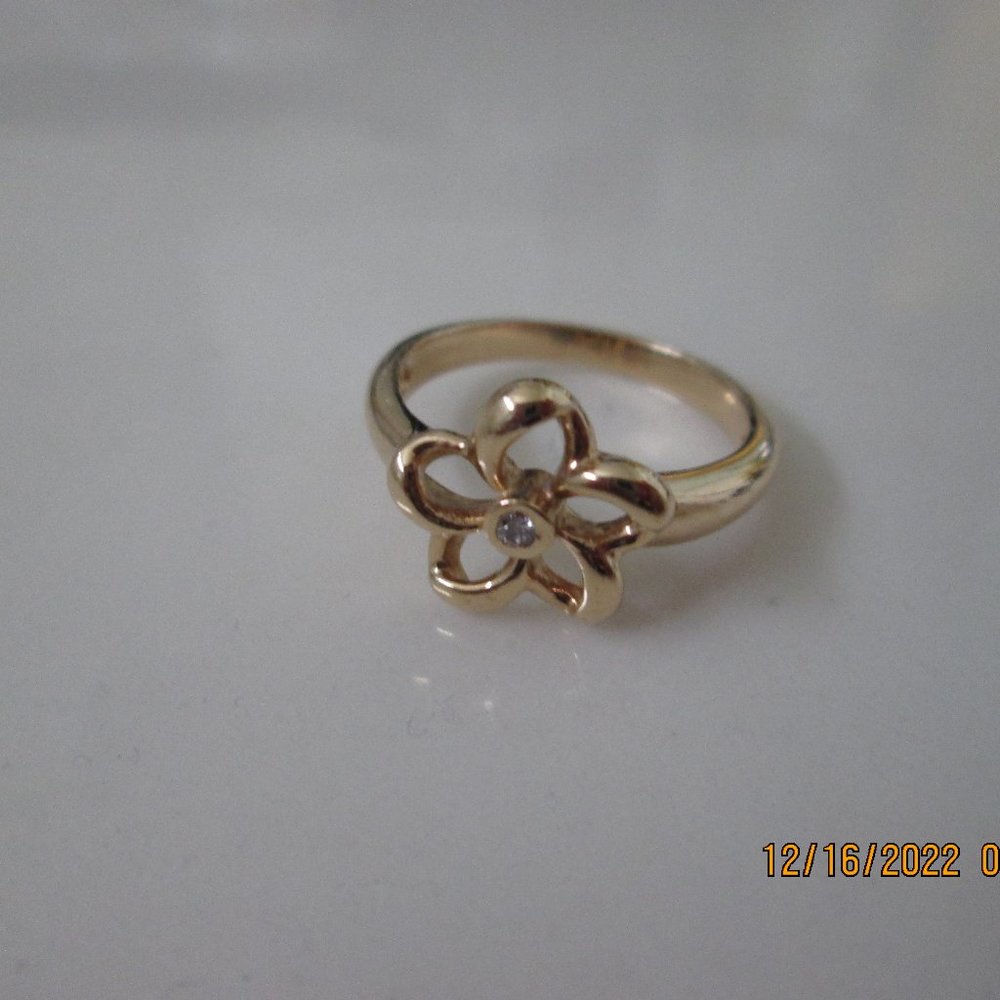 VINTAGE NA HOKU 14K YELLOW GOLD DIAMOND FLOATING PLUMERIA RING